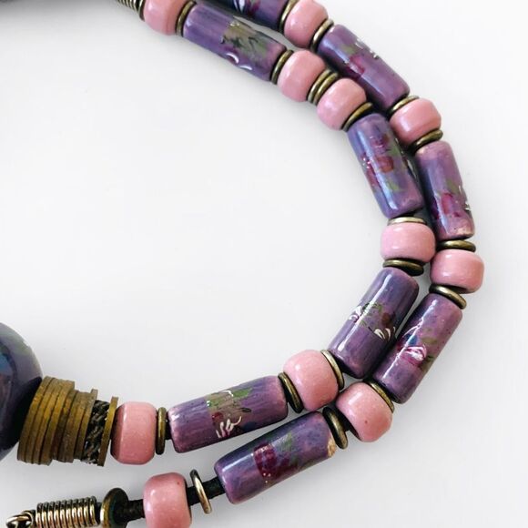 Vintage Floral Ceramic Beaded Necklace - Picture 3 of 4